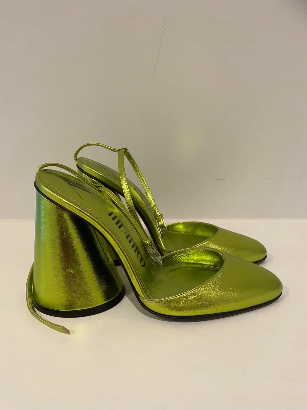 The Attico Luz Leather Metallic Lime Green Ankle-Strap Pumps, Size 7.5